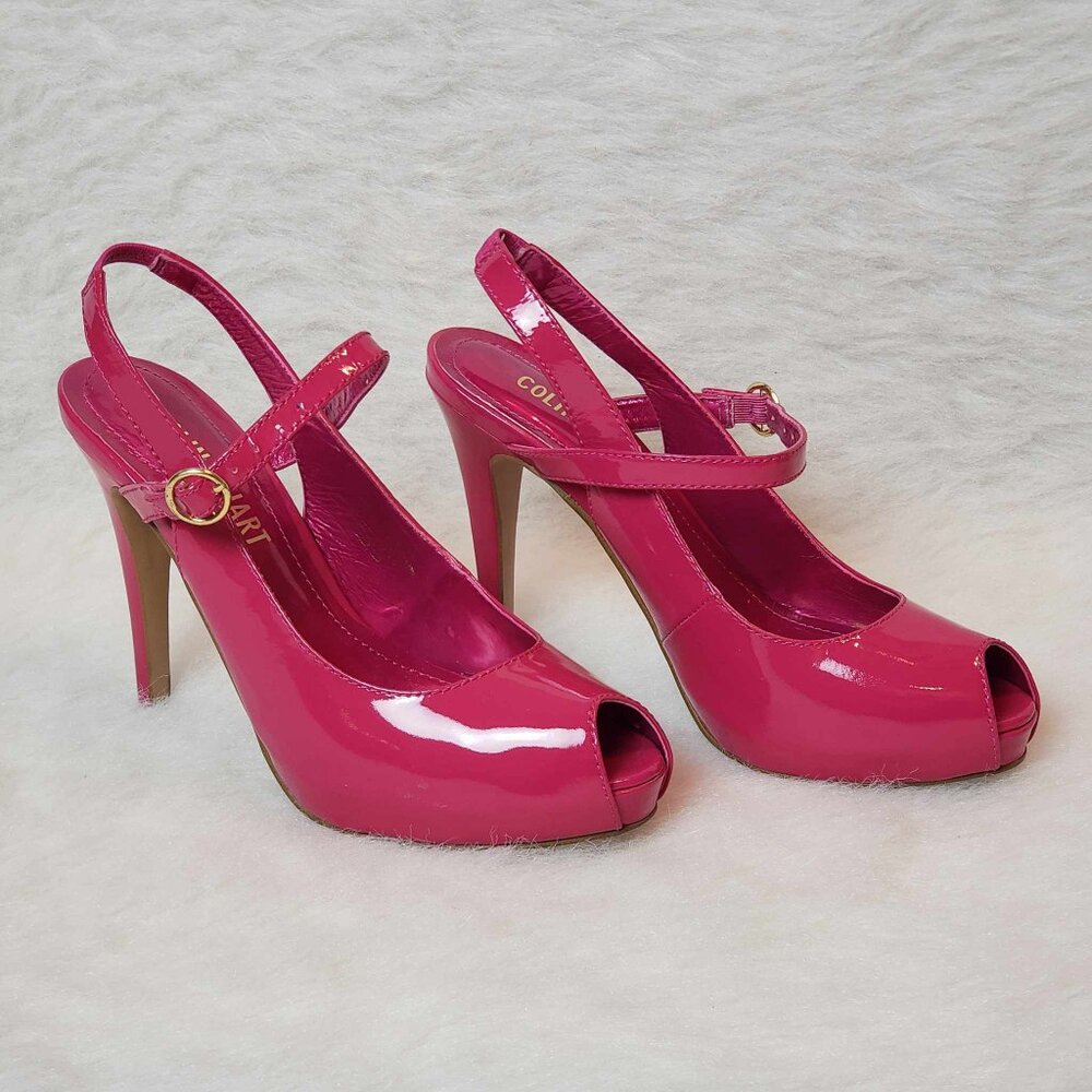 Colin Stuart Pink Patent Leather Platform Stiletto Peep Toe Slingback Heels